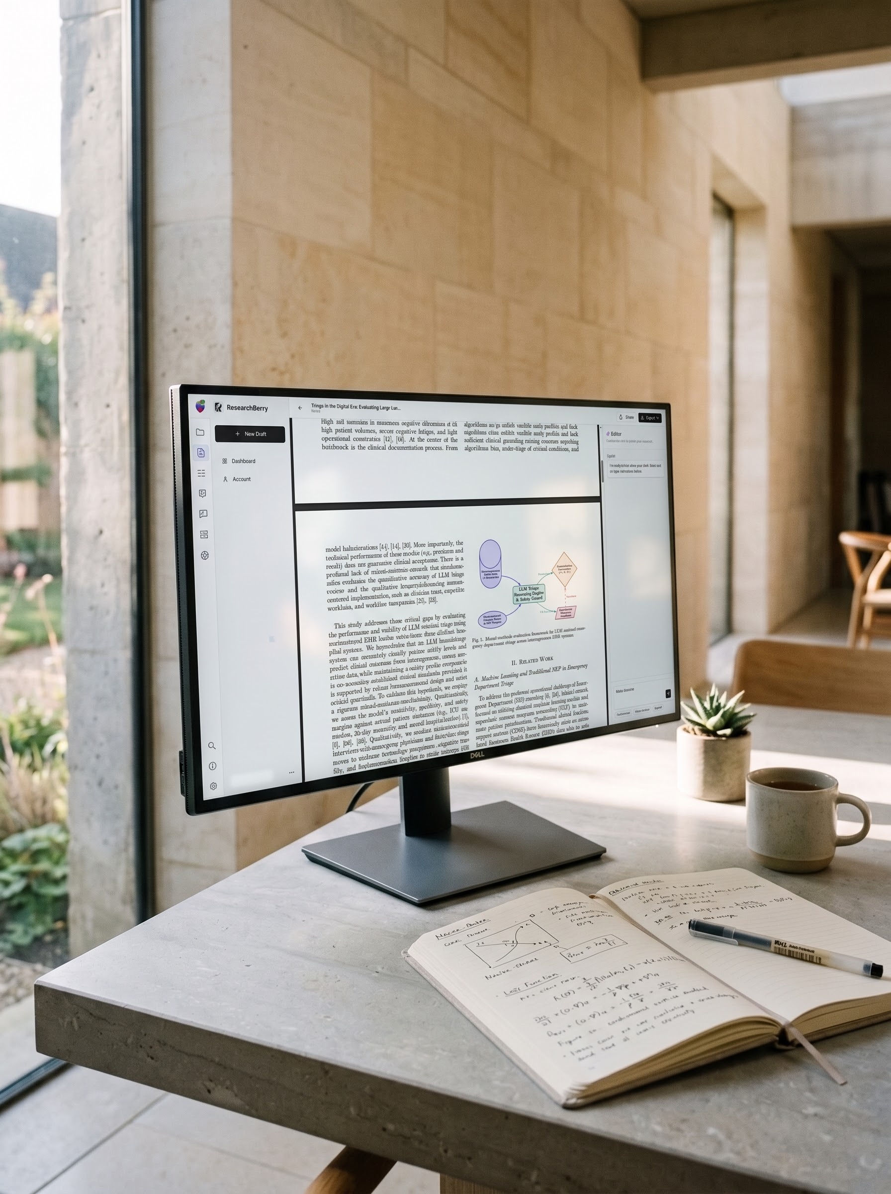 Workplace desk setup with research diagram and notebook.