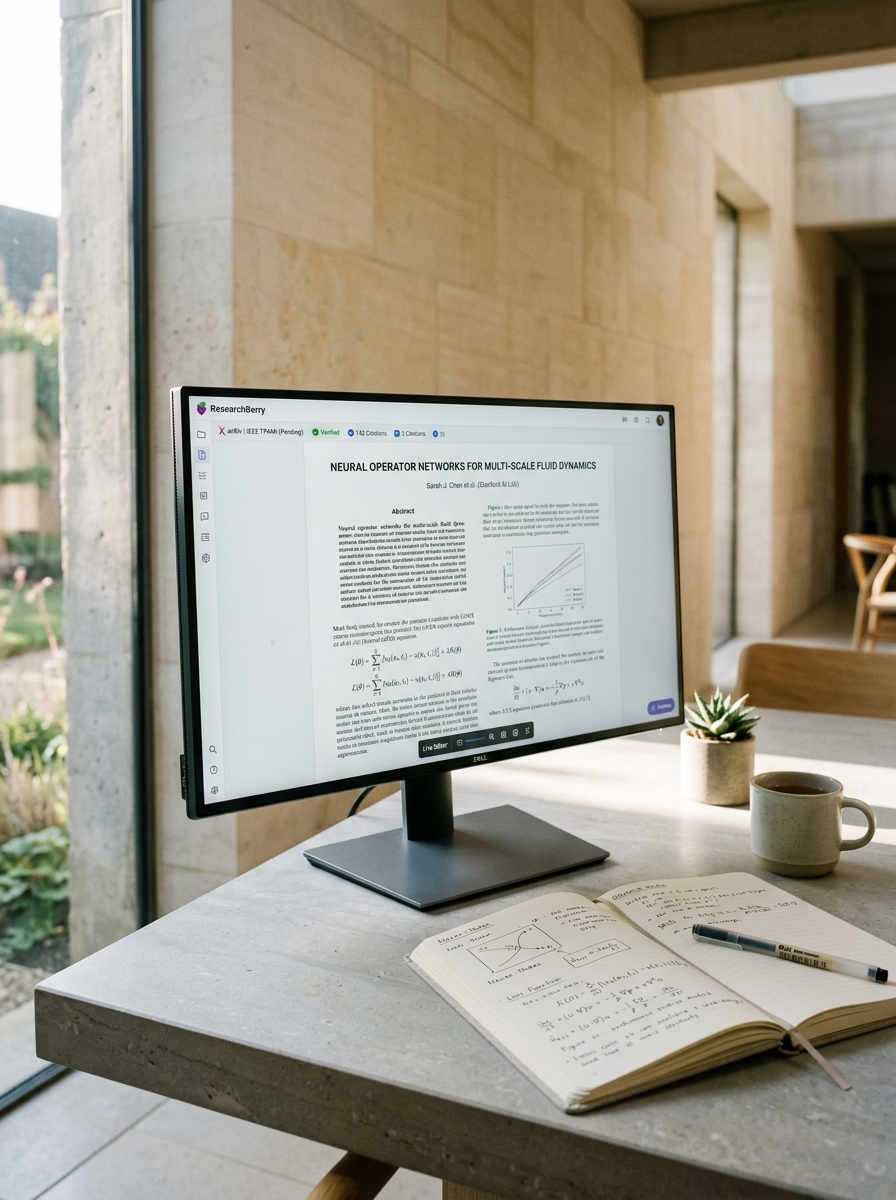 ResearchBerry workspace — monitor displaying AI research manuscript with equations, verified citations, and research notebook on pale stone desk.